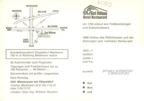 AK / Ansichtskarte Metzkausen Hotel Restaurant Gut Hoehne Festtafel Kaminzimmer Metzkausen