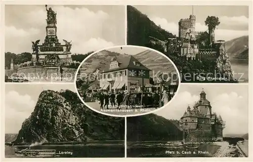 AK / Ansichtskarte Assmannshausen RheingoldterrassenNationaldenkmal Niederwald Burg Rheinstein Loreley Felsen Sage Burg Pfalz Caub Assmannshausen