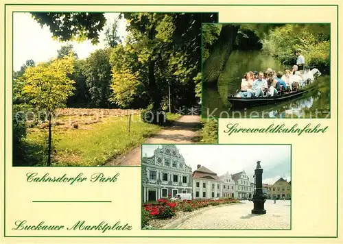 AK / Ansichtskarte Cahnsdorf Cahnsdorfer Park Marktplatz Spreewaldbahnfahrt Wasserstrasse Kahn Cahnsdorf