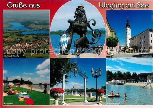 AK / Ansichtskarte Waging_See Fliegeraufnahme Marktplatz Strand Kurhaus Park Strandbad Bayerischer Loewe Statue Waging_See