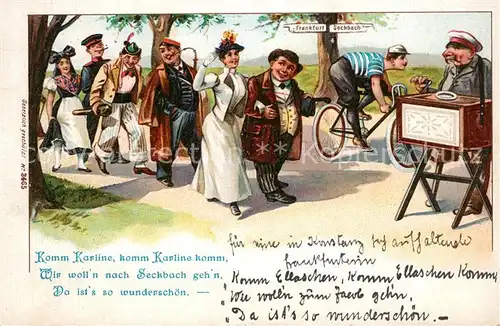 AK / Ansichtskarte Drehorgel Fahrrad Seckbach Litho  