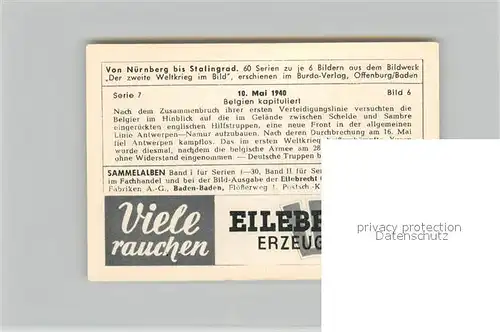 AK / Ansichtskarte Militaria_Deutschland_WK2 Von N?rnberg bis Stalingrad 10. Mai 1940 Belgien kapituliert Eilebrecht Zigaretten 