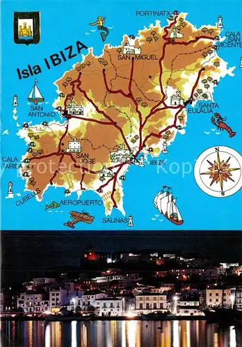 AK / Ansichtskarte Ibiza_Islas_Baleares Landkarte Baleareninsel Nachtaufnahme Ibiza_Islas_Baleares
