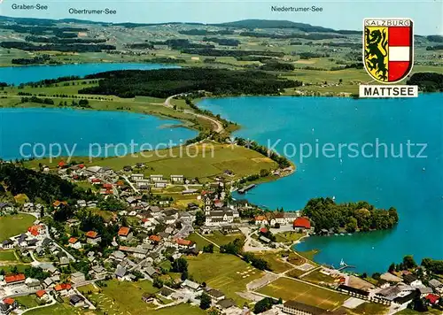 AK / Ansichtskarte Mattsee_Salzburg Fliegeraufnahme mit Seespitz Schlossberg und Wartstein Obertrumer und Graben See Niedertrumer und Mattsee Mattsee Salzburg