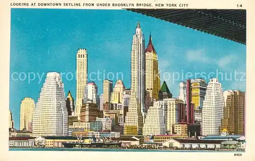 AK / Ansichtskarte New_York_City Downtown Skyline Manhattan from under Brooklyn Bridge Illustration New_York_City