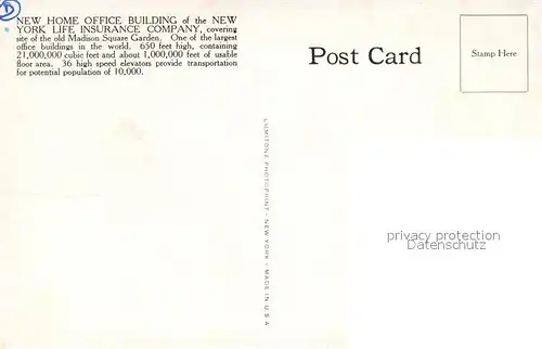 AK / Ansichtskarte New_York_City New Home Office Building of the New York Life Insurance Company New_York_City