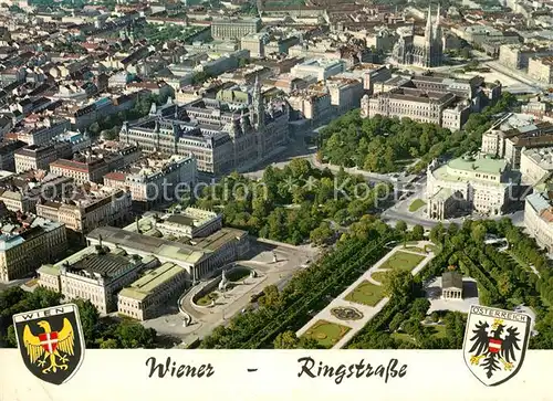 AK / Ansichtskarte Wien Ringstrasse mit Parlament Rathaus Universitaet Votivkirche Burgtheater und Volksgarten Fliegeraufnahme Wappen Wien