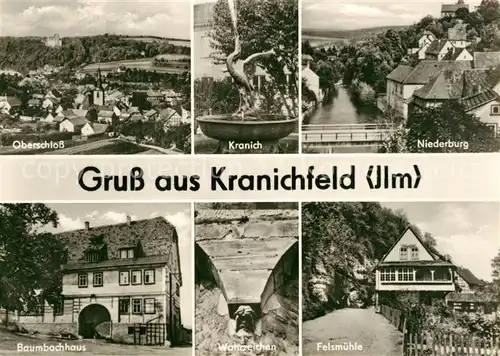 AK / Ansichtskarte Kranichfeld Oberschloss Kranich Brunnen Niederburg Baumbachhaus Wahrzeichen Felsmuehle Kranichfeld