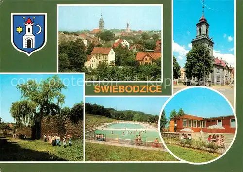 AK / Ansichtskarte Swiebodzice Panorama Stadtmauer Schwimmbad Kirche  Swiebodzice