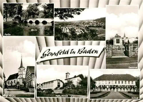 AK / Ansichtskarte Sennfeld_Baden Panorama Kirchen Schloss Denkmal Partie am Wasser Bruecke Sennfeld_Baden