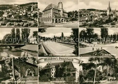 AK / Ansichtskarte Menden_Sauerland Teilansichten Rathaus Hoennebruecke Freibad Bahnhof Jugendherberge Hoennetal Felsen Menden_Sauerland