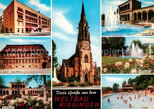 AK / Ansichtskarte Bad_Kissingen Kurhaus Kurhotel Schloss Kirche Kurgarten Rosengarten Freibad Bad_Kissingen