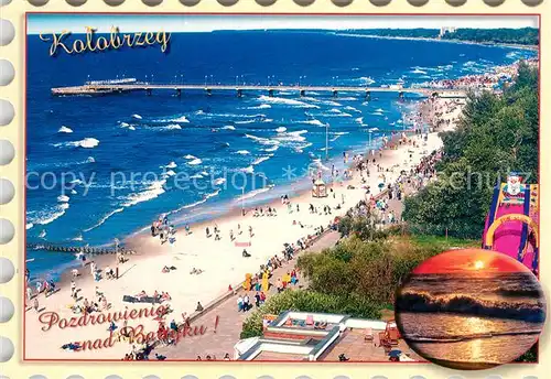 AK / Ansichtskarte Kolobrzeg_Polen Strand Seebruecke Sonnenuntergang Kolobrzeg_Polen