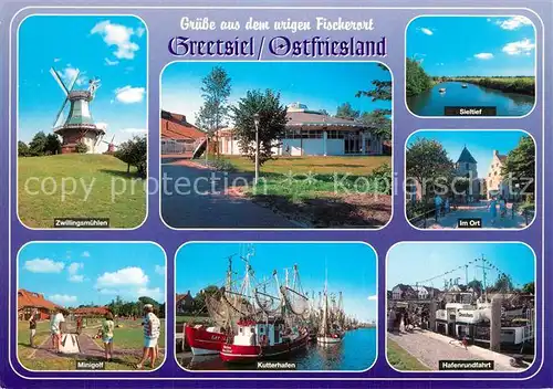 AK / Ansichtskarte Greetsiel Zwillingsmuehlen Sieltief Ortsmotiv Minigolf Kutterhafen Hafenrundfahrt Greetsiel