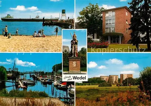 AK / Ansichtskarte Wedel_Pinneberg Wohnsiedlung Hochhaeuser Roland Statue Hafen Schulauer Faehrhaus Willkommhoeft Hochseedampfer Wedel Pinneberg