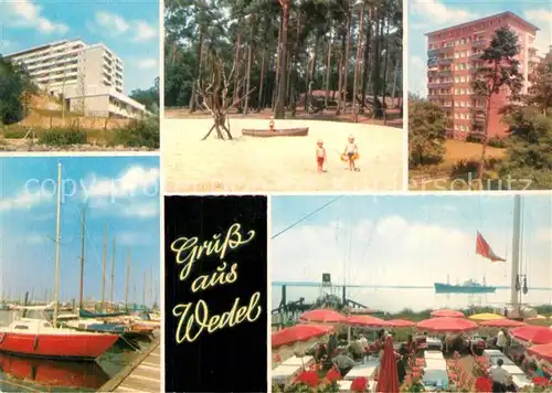 AK / Ansichtskarte Wedel_Pinneberg Graf Luckner Haus Strand Hochhaus Wohnblock Schulauer Faehrhaus Willkommhoeft Restaurant Terrasse Hafen Wedel Pinneberg