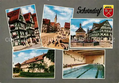 AK / Ansichtskarte Schorndorf_Wuerttemberg Daimler Haus Kirche Rathaus Marktplatz Fachwerkhaeuser Brunnen Schloss Hallenbad Schorndorf Wuerttemberg