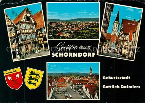 AK / Ansichtskarte Schorndorf_Wuerttemberg Stadtpanorama Altstadt Fachwerkhaeuser Kirche Marktplatz Geburtsstadt Gottlieb Daimlers Wappen Schorndorf Wuerttemberg