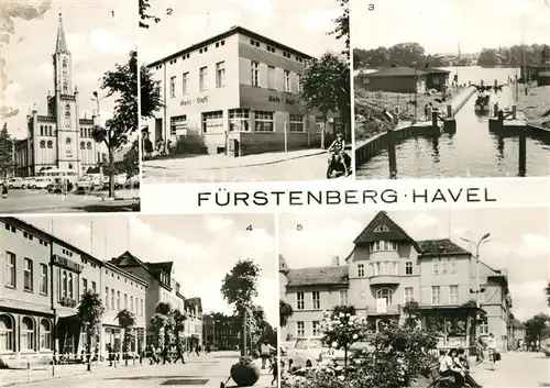 AK / Ansichtskarte Fuerstenberg_Havel Kirche HO Gaststaette Ratscafe Schleuse HO Hotel Mecklenburger Hof Ernst Thaelmann Strasse Rathaus Fuerstenberg_Havel