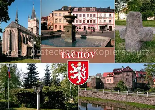 AK / Ansichtskarte Tachov Kirche Brunnen Gedenkstein Stadtmauer Altstadt Park Tachov