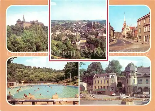 AK / Ansichtskarte Mylau Burg Teilansicht Blick zum Heubnerring Freibad Aufgang zur Burg am Markt Mylau