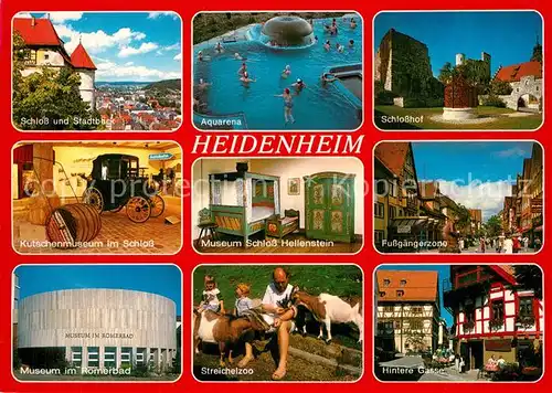 AK / Ansichtskarte Heidenheim_Brenz Schloss und Stadtblick Aquarena Schlosshof Kutschenmuseum im Schloss Hellenstein Fussgaengerzone Museum im Roemerbad Streichelzoo Hintere Gasse Heidenheim Brenz