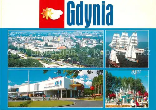 AK / Ansichtskarte Gdynia_Pommern Panorama Dreimaster Segler Klif Brunnen Gdynia Pommern