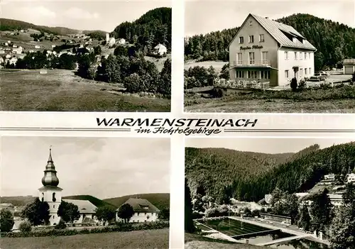 AK / Ansichtskarte Warmensteinach Pension Cafe Kirche Landschaftspanorama Freibad Warmensteinach