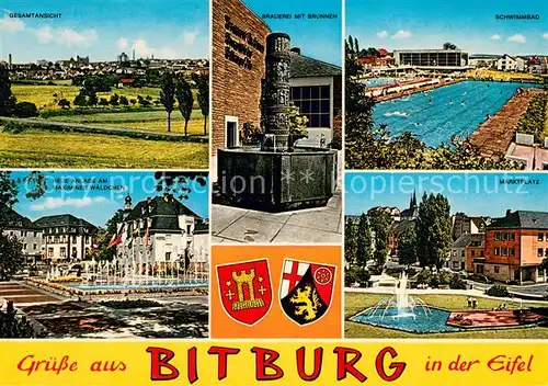 AK / Ansichtskarte Bitburg Panorama Brauerei mit Brunnen Schwimmbad Neue Anlage am Maximiner Waeldchen Marktplatz Bitburg