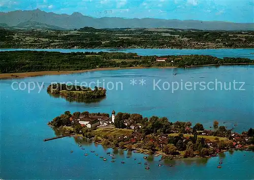 AK / Ansichtskarte Frauenchiemsee Fliegeraufnahme mit Herrenchiemsee Frauenchiemsee