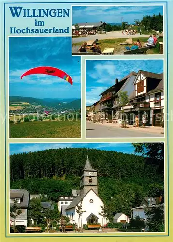 AK / Ansichtskarte Willingen_Sauerland Gleitschirmfliegen Panorama Kirche Strassenpartie Willingen_Sauerland