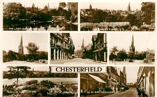 AK / Ansichtskarte Chesterfield Queens Park Lake Parish Church Knifesmith Gate Burglington Street 