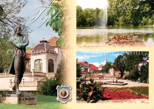 AK / Ansichtskarte Teplice Mozart Denkmal Kolostuj Tuermchen Grosser Teich im Schlossgarten  Teplice