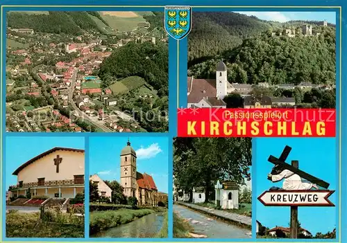 AK / Ansichtskarte Kirchschlag_Buckligen_Welt Fliegeraufnahme Ortskern mit Burgruine Passionsspielhaus Pfarrkirche Kreuzweg Hinweis Kirchschlag_Buckligen