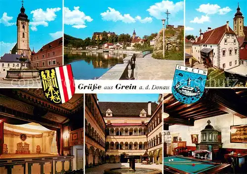 AK / Ansichtskarte Grein_Donau_Oberoesterreich Hauptplatz Donauufer Rathaus Stadttheater Greinburg Hof Biedermeier Cafe  Grein_Donau