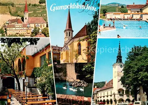 AK / Ansichtskarte Gumpoldskirchen_Niederoesterreich Kirche Schwimmbad Schwanenteich Gumpoldskirchen