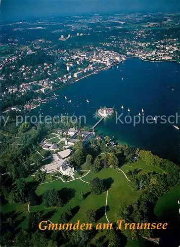 AK / Ansichtskarte Gmunden_Salzkammergut Toscana Park Schloss Orth Traunsee Fliegeraufnahme Gmunden Salzkammergut