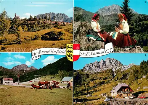 AK / Ansichtskarte Nassfeld Heldenkapsselle Kaerntner Trachten Grenzgasthaus Watschig Alm mit Gartnerkofel Nassfeld