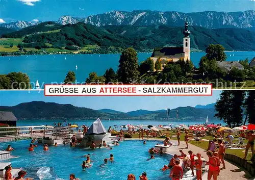 AK / Ansichtskarte Attersee Freibad Liegewiese Panorama Kirche Alpen Attersee