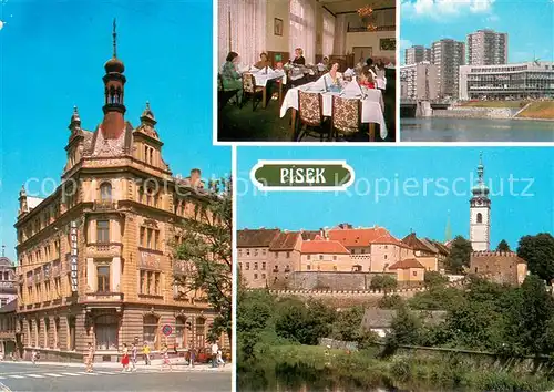 AK / Ansichtskarte Pisek_Tschechien Interhotel Otava Restaurant Wohnsiedlung Hochhaeuser Altstadt Burg Pisek Tschechien