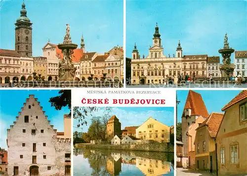 AK / Ansichtskarte Ceske_Budejovice Marktplatz Schwarzer Turm Rathaus Altstadt Brunnen Partie an der Moldau Giebelhaus Ceske Budejovice