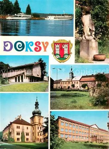 AK / Ansichtskarte Doksy_Hirschberg_See  Fahrgastschiff Machovo See Denkmal Statue Kino Schloss Doksy_Hirschberg_See 