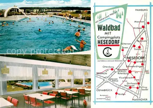 AK / Ansichtskarte Hesedorf_Bremervoerde Gaststaette am Waldbad Gastraum Lageplan Hesedorf Bremervoerde