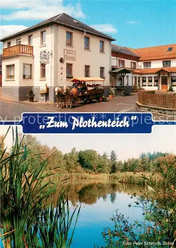 AK / Ansichtskarte Plothen Gasthaus Pension Zum Plothenteich Pferdewagen Teichpartie Plothen