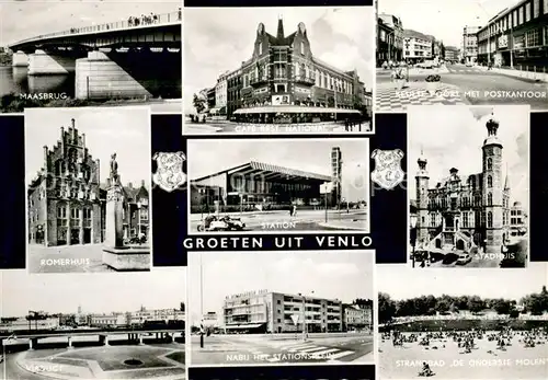 Venlo Maasbrug Roemerhuis Viaduct Nabuhet Stationsplein Cafe Restaurant National Station Keulse Poort met Postkantoor Stadhuis Strand Venlo