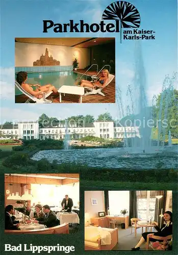 AK / Ansichtskarte Bad_Lippspringe Parkhotel am Kaiser Karls Park Restaurant Fremdenzimmer Wasserspiele Fontaene Bad_Lippspringe