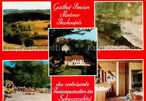 AK / Ansichtskarte Prackenfels_Nuernberg Gasthof Pension Mederer Schwarzachtal Teufelshoehle Terrasse Gaststube Prackenfels Nuernberg