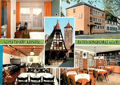 AK / Ansichtskarte Rothenburg_Tauber Gasthof Linde Gastraum Fremdenzimmer Altstadt Fachwerkhaus Gerlachschmiede Roedertorturm Rothenburg Tauber