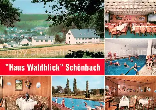 AK / Ansichtskarte Schoenbach_Dillkreis Restaurant Pension Haus Waldblick Hallenbad Freibad Ortsansicht Schoenbach Dillkreis