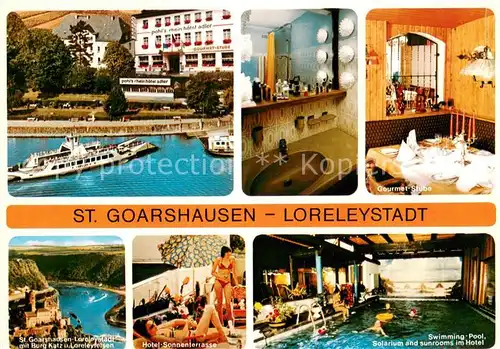 AK / Ansichtskarte St_Goarshausen Pohls Rheinhotel Adler Bad Gourmet Stube Loreleyfelsen Burg Katz Hotel Sonnenterrasse Swimminpool St_Goarshausen